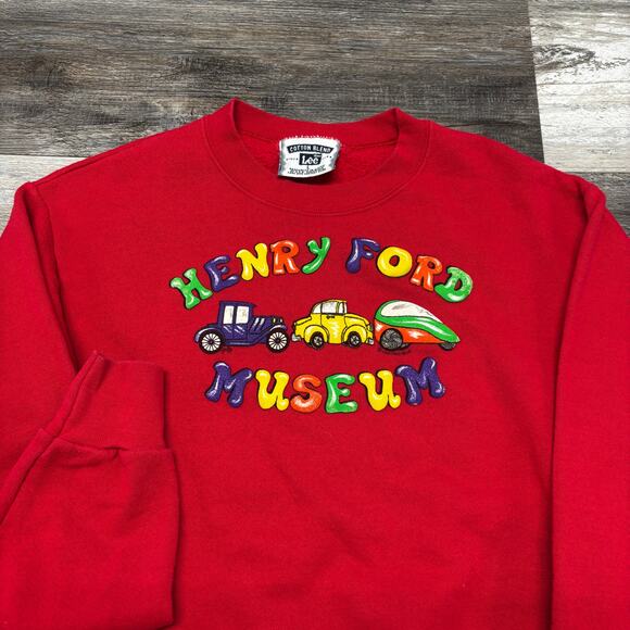 Vintage 90s Y2K Lee Henry Ford Museum Red Boy Large Cars Cotton Blend Sweatshirt - Picture 1 of 8